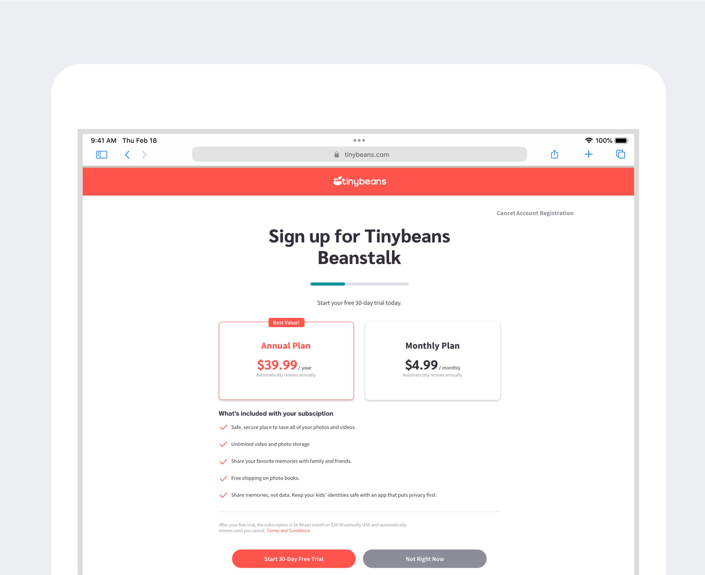 Tinybeans Account Signup Page