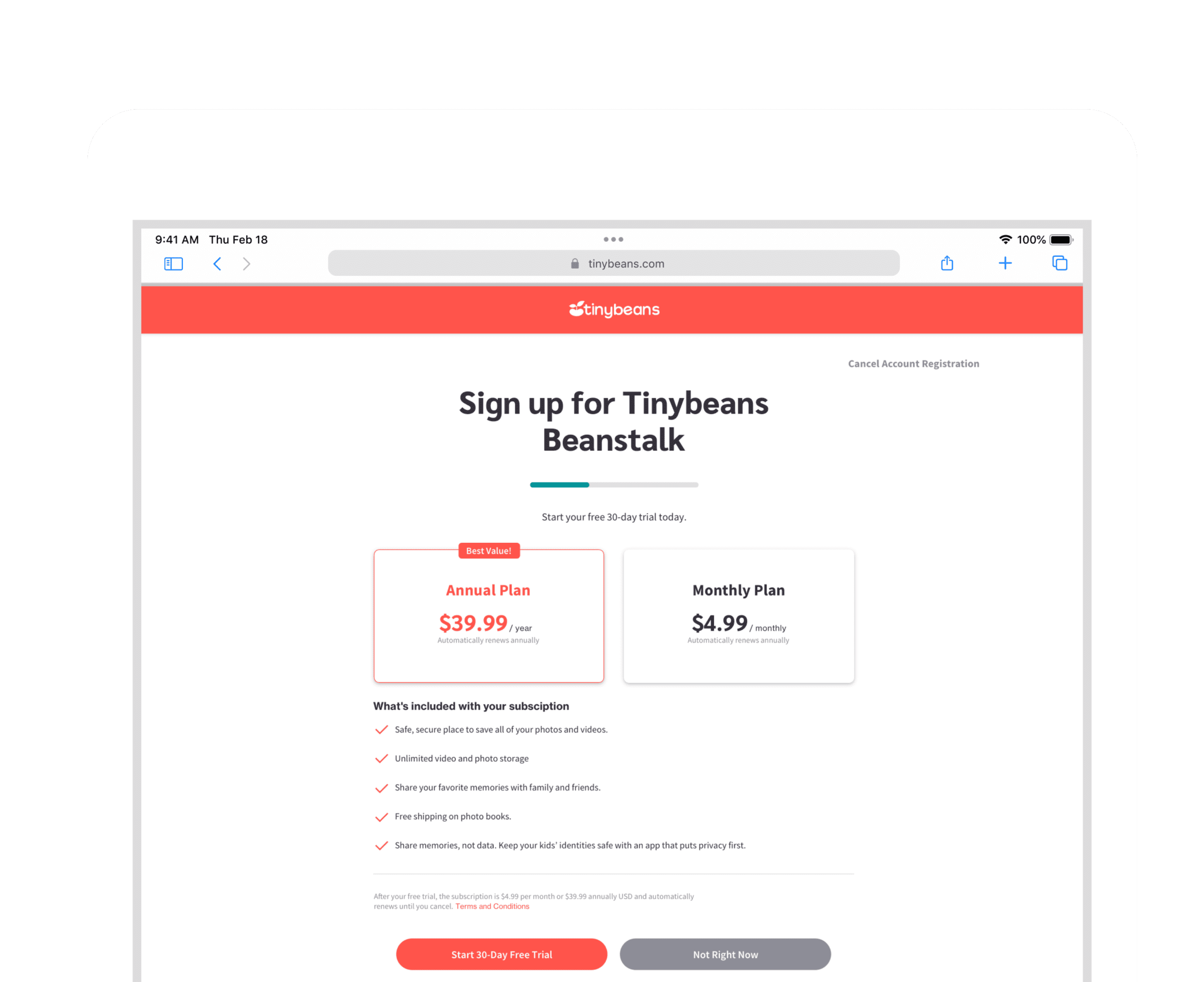 Tinybeans Account Signup Page