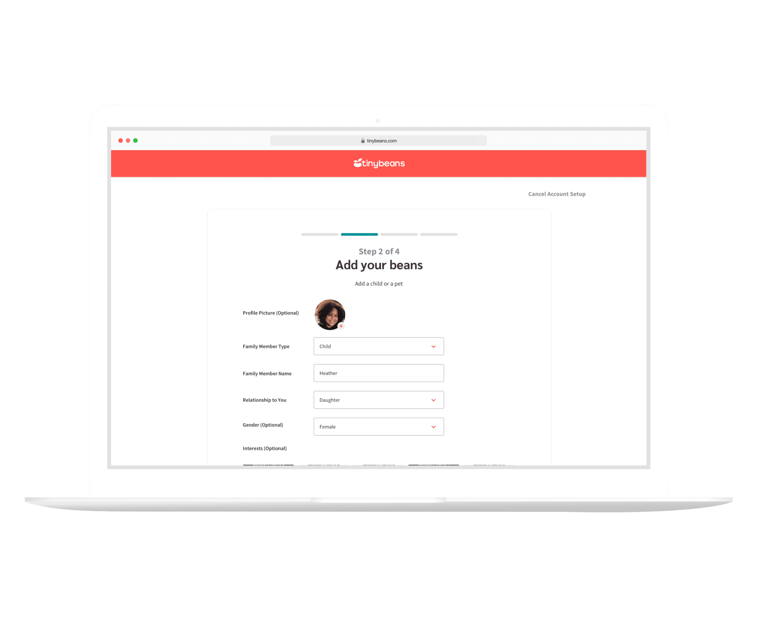 Tinybeans Account Setup Page