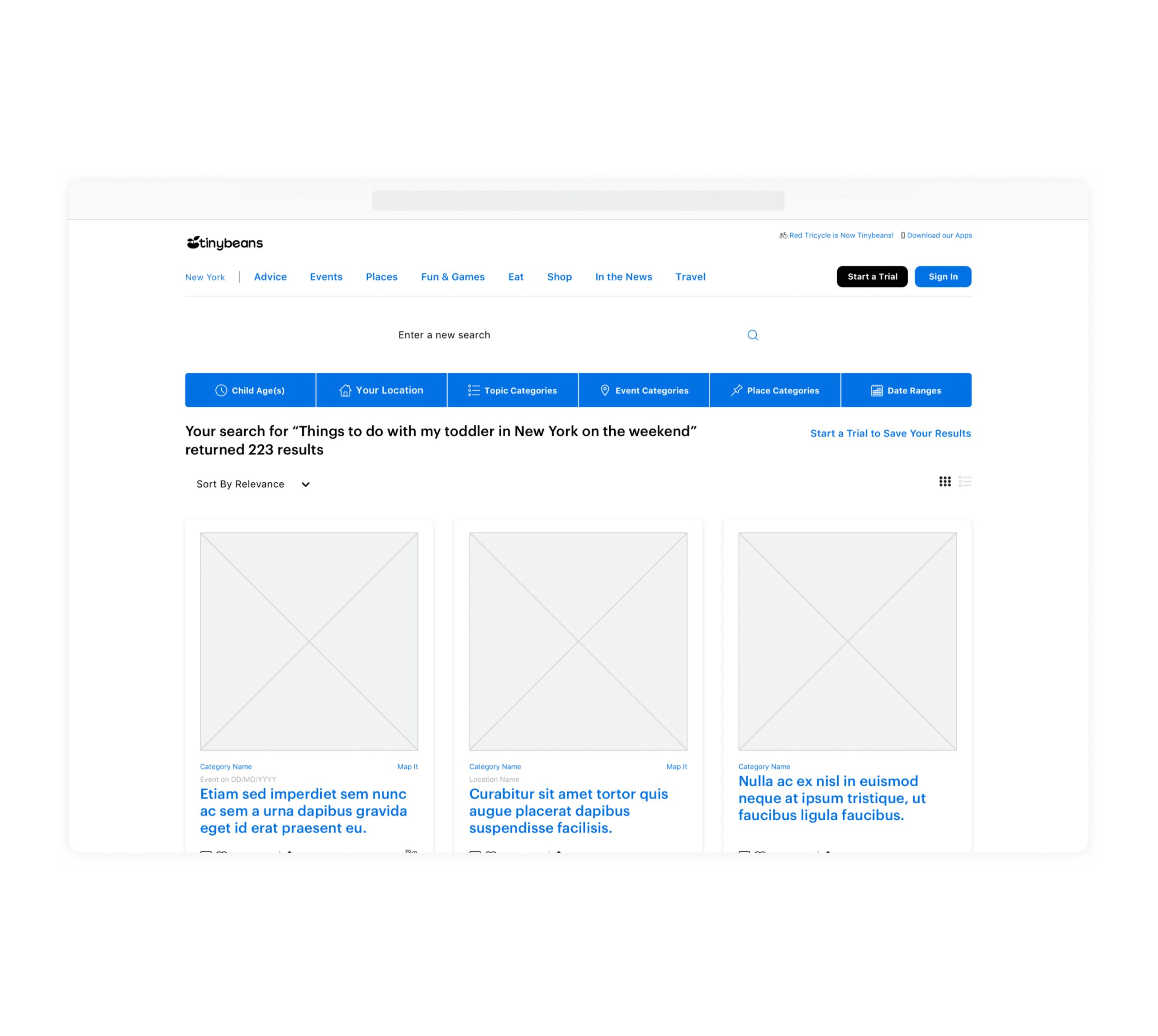 Tinybeans Wireframe