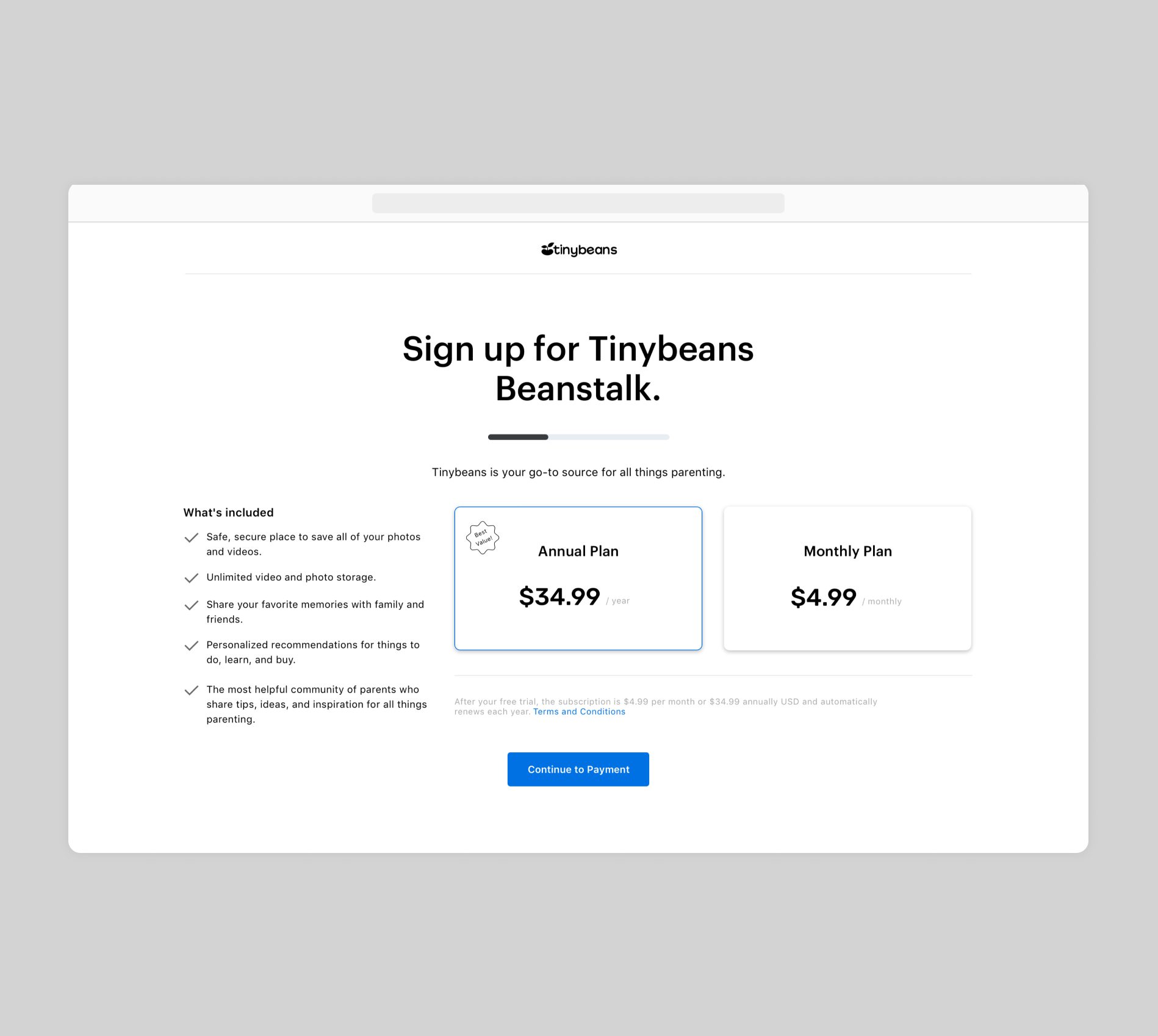 Tinybeans Wireframe