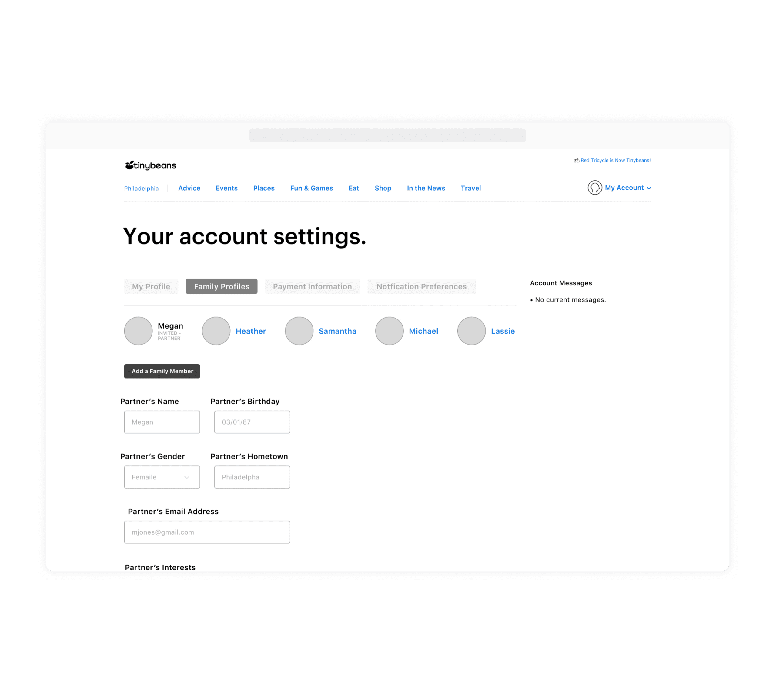 Tinybeans Wireframe