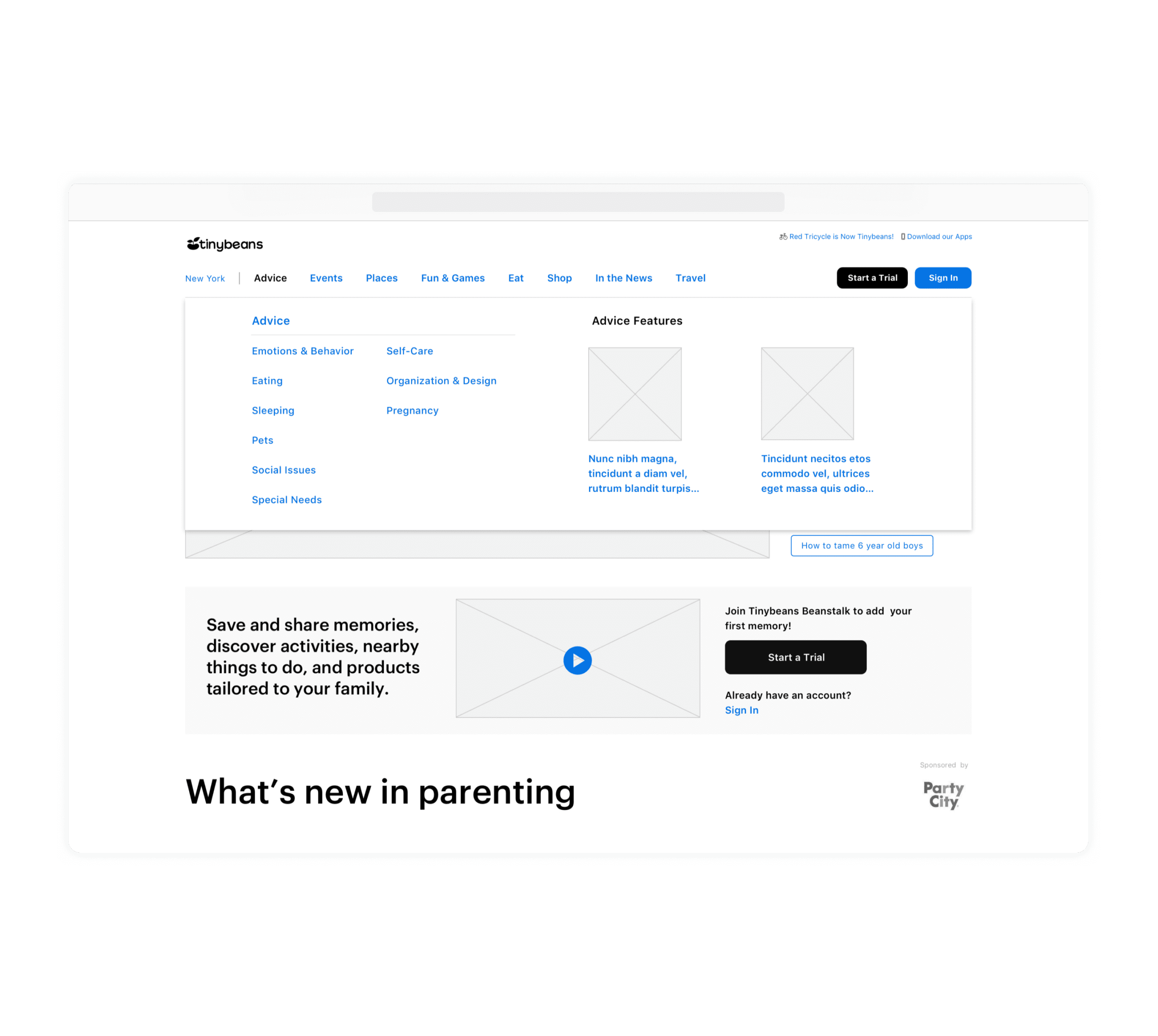 Tinybeans Wireframe