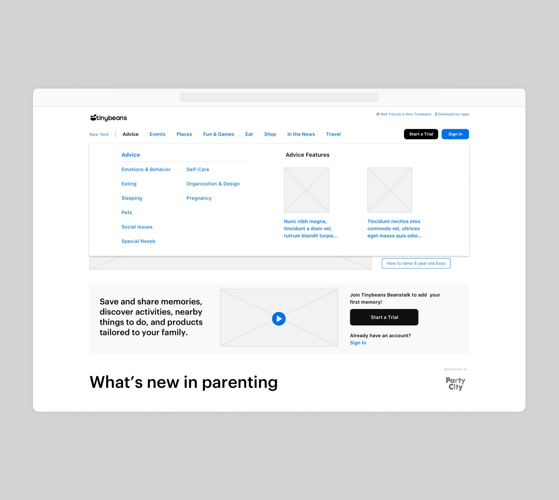 Tinybeans Wireframe