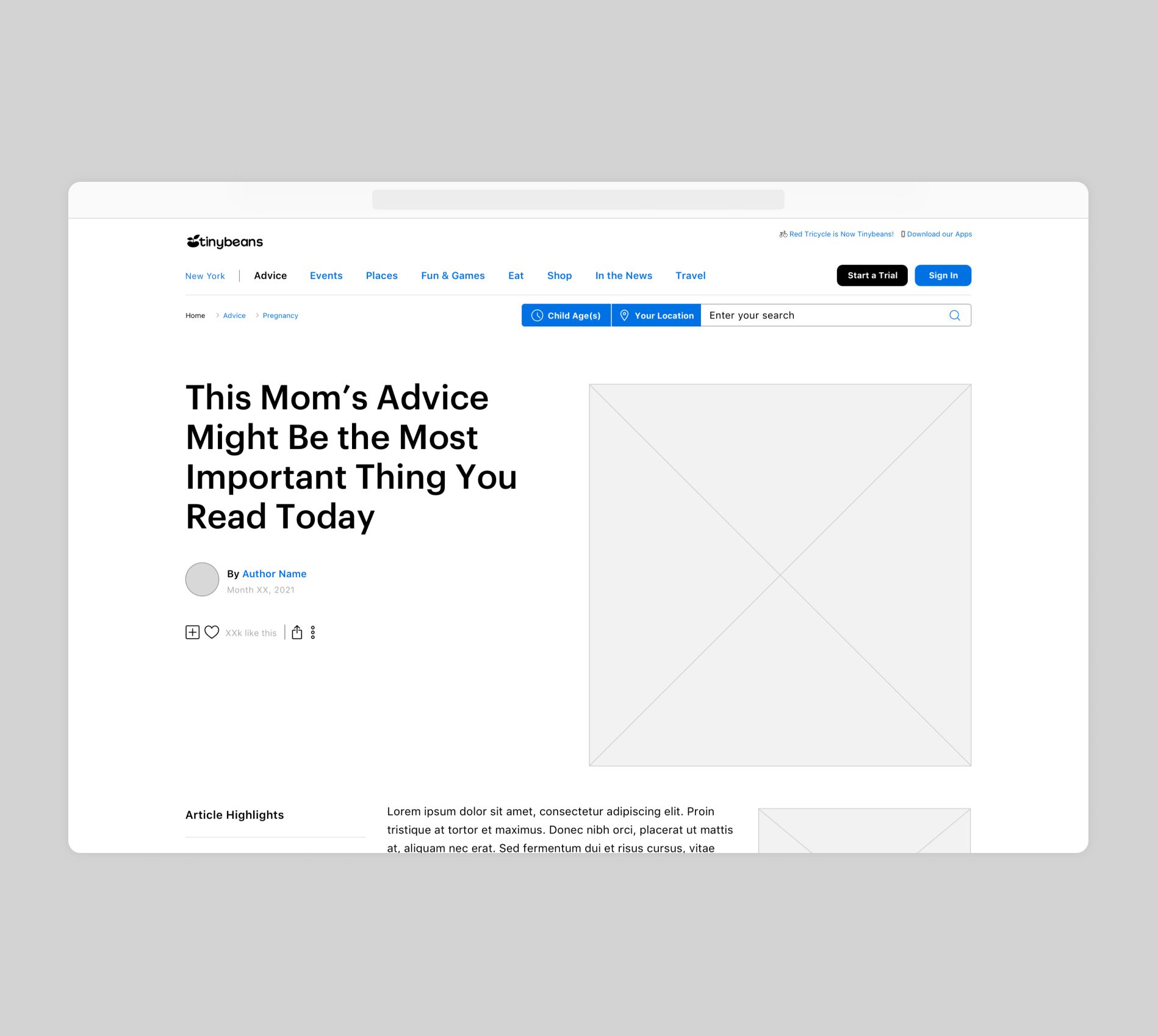 Tinybeans Wireframe