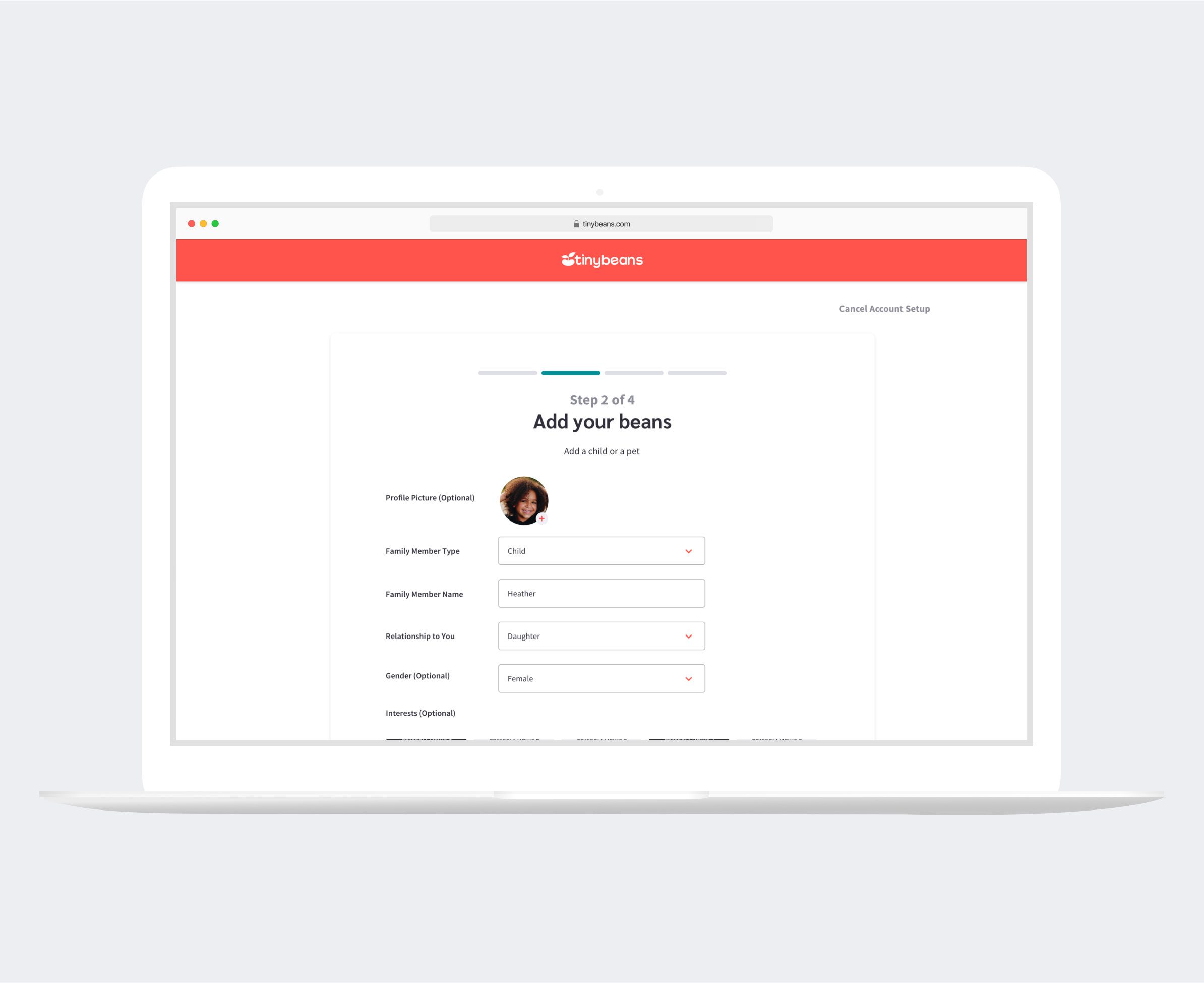 Tinybeans Account Setup Page
